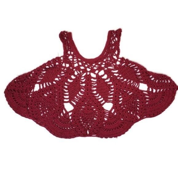 Handcrafted Burgundy Crochet Tank Top Open Lace Design, Sleeveless Boho Style - Picture 5 of 6